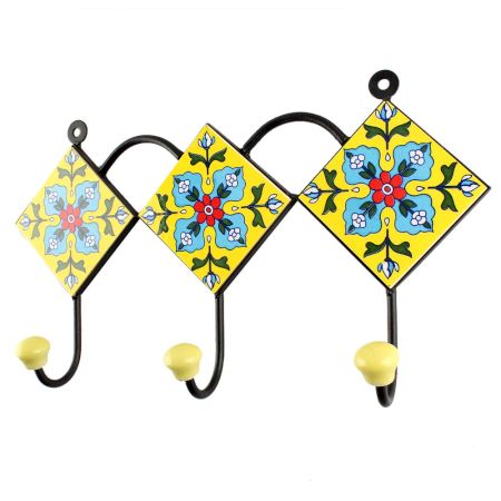 Turquoise Floral Ceramic Tile Hook